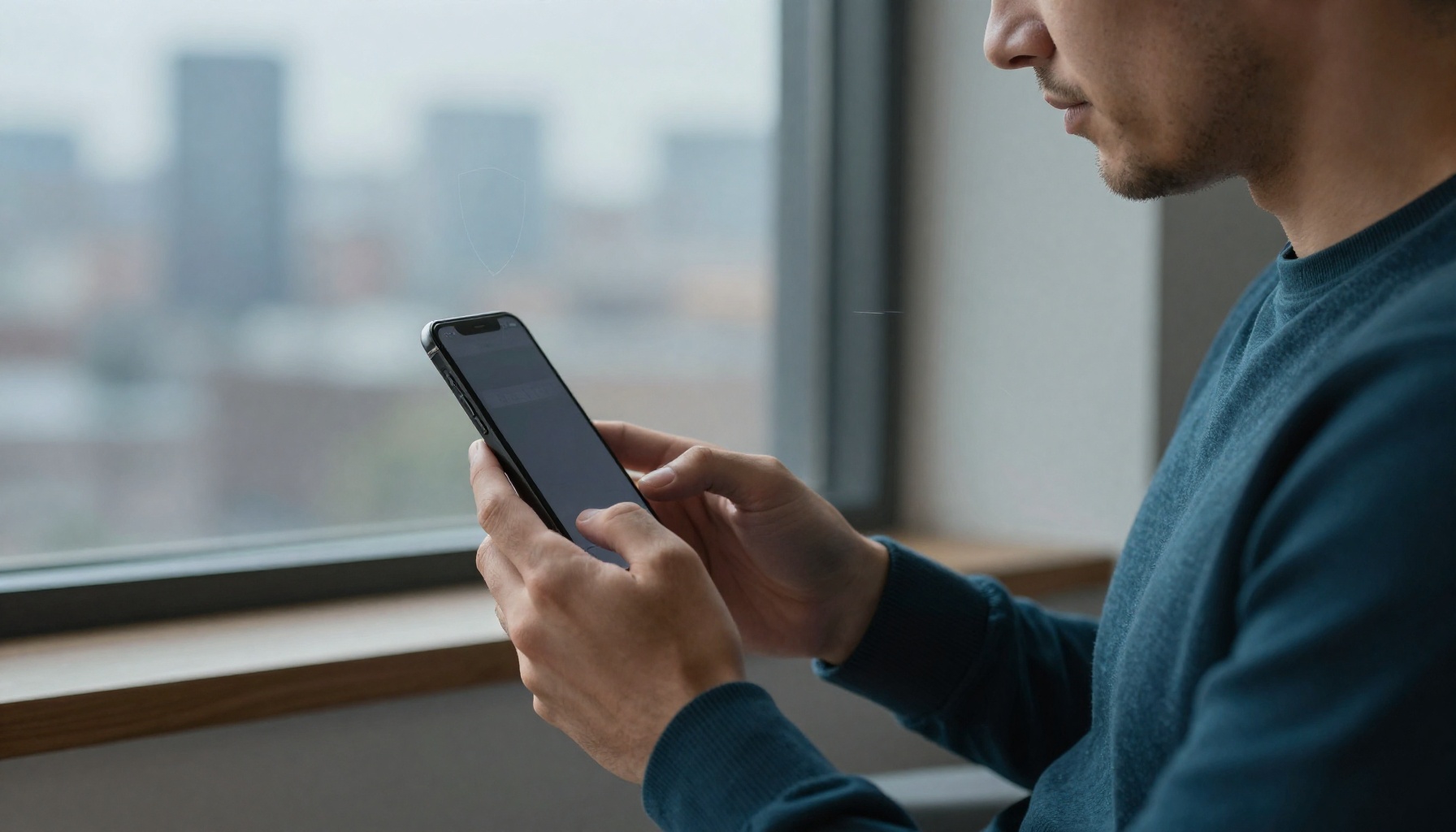 Мужчина держит iPhone у окна, готовый импортировать VPN-файл